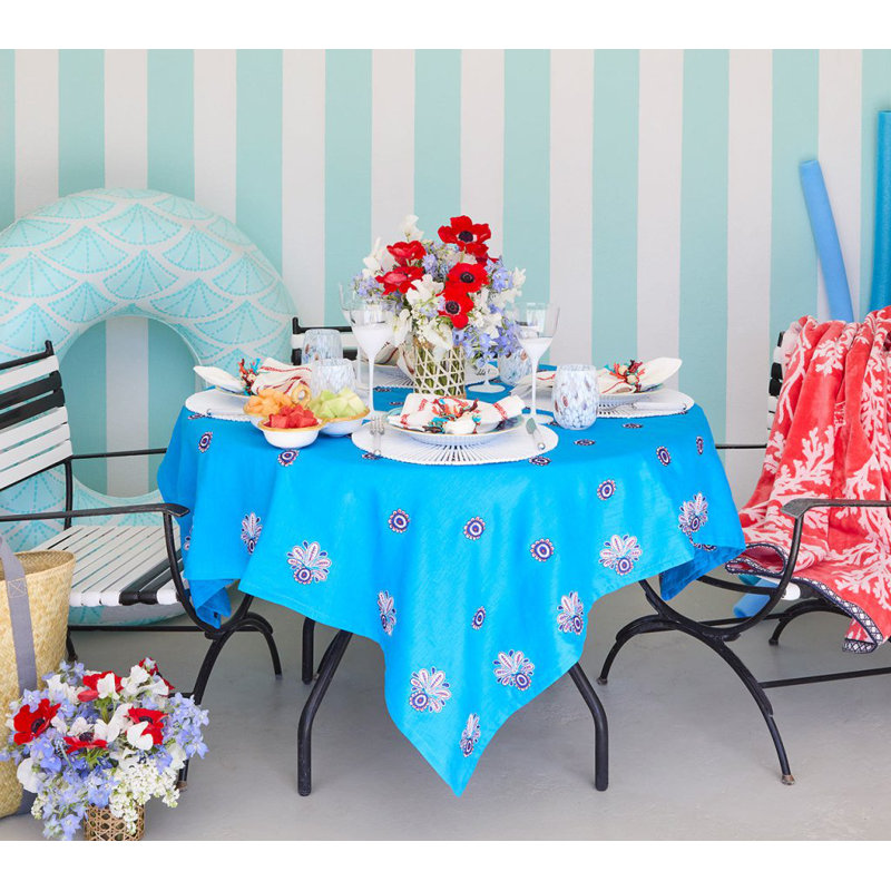 Flores Tablecloth, Turquoise/Navy