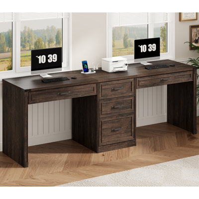 80.9" Executive Computer Desk With Power Outlet And 5 Drawers, Large Home Office Writing Desk With File Drawer And Metal Handles, Rustic Brown