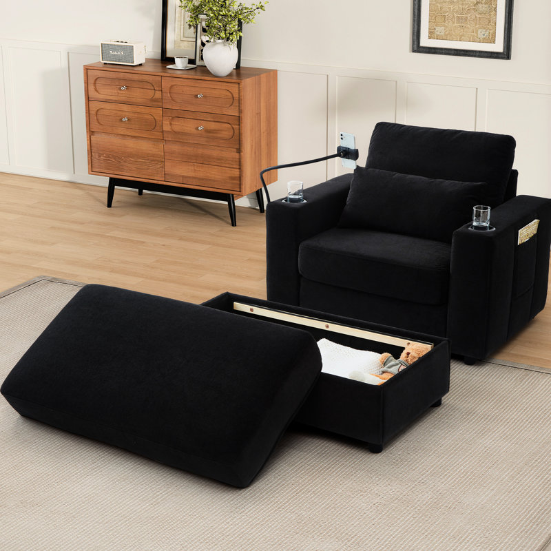Fauteuil moderne avec deux ports, deux porte-gobelets, poches latérales, siège de rangement noir confortable, support de téléphone intégré, conception compacte