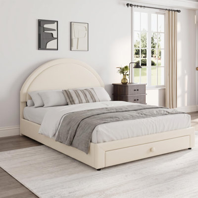 Queen Size Chenille Upholstered Bed Frame with Storage Drawer, Beige