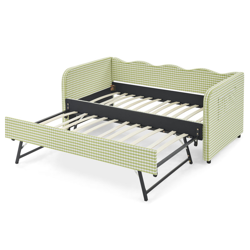 Lits jumeaux convertibles en 1 avec rangement, MDF vert à carreaux vichy, modernes pour petits espaces, Green