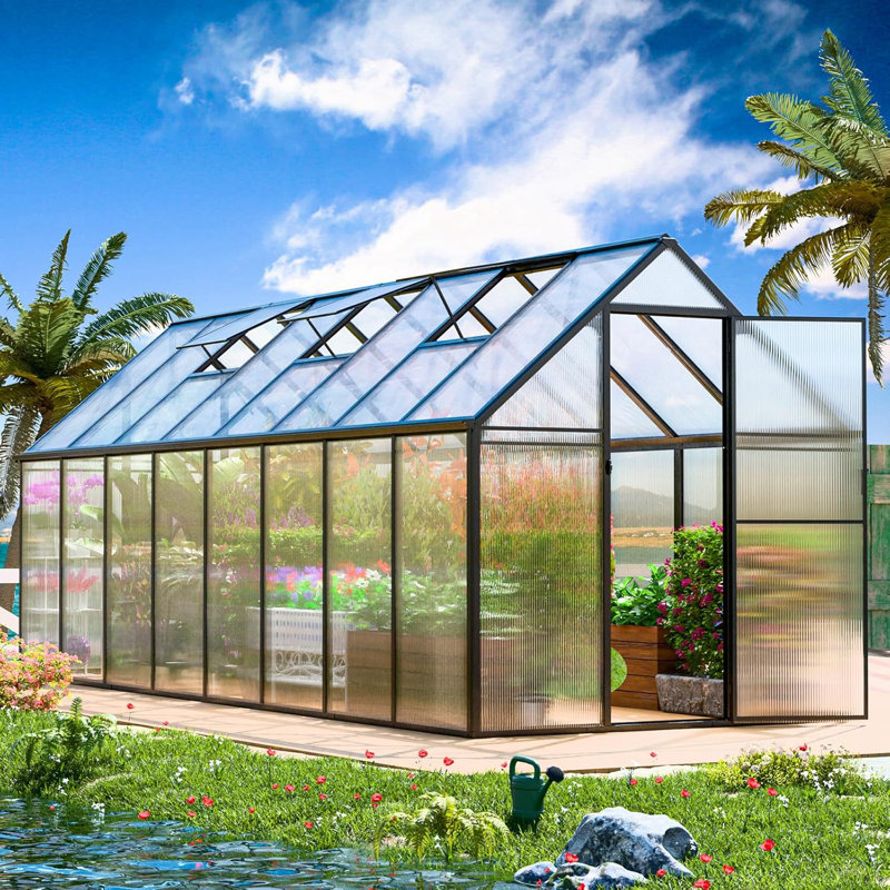 16X6 FT Walk-In Polycarbonate Greenhouse With Aluminum Frame, Lockable Door & Ventilation Window, Green House For Outdoors