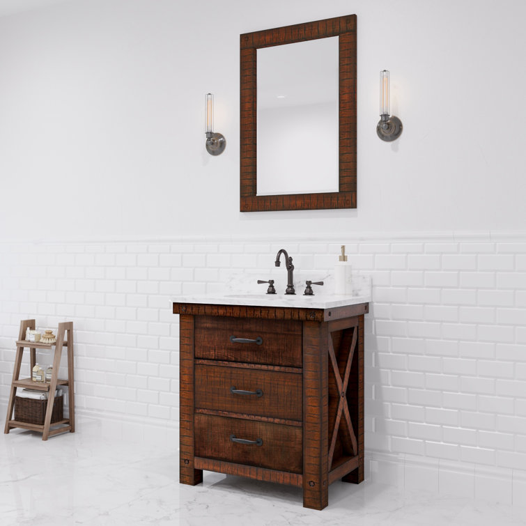 Aberdeen 30 In. Single Sink Blue Limestone Countertop Vanity In Rustic Sienna With Hook Faucet And Mirror