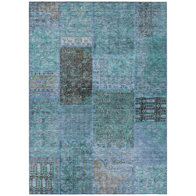5' X 8' Teal Blue Aqua And Gray Patchwork Washable Indoor Outdoor Area Rug