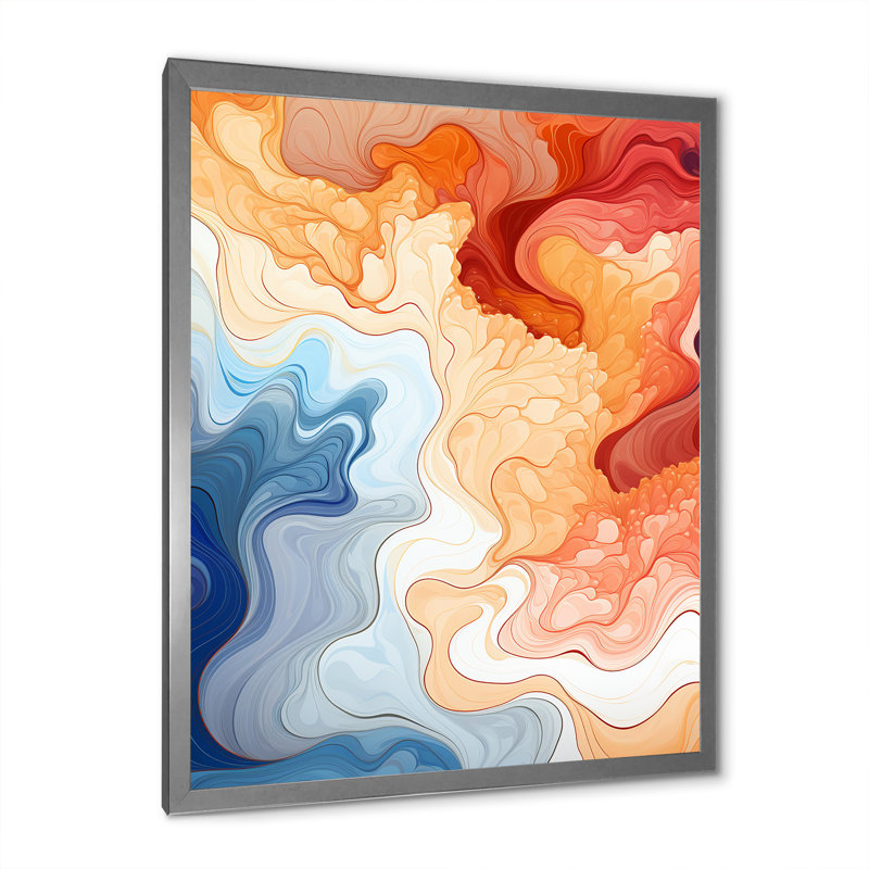 Vagues d'aquarelle bleues, orange et rouges, Cadre simple argenté, H 32 po x l 24 po x P 1 po