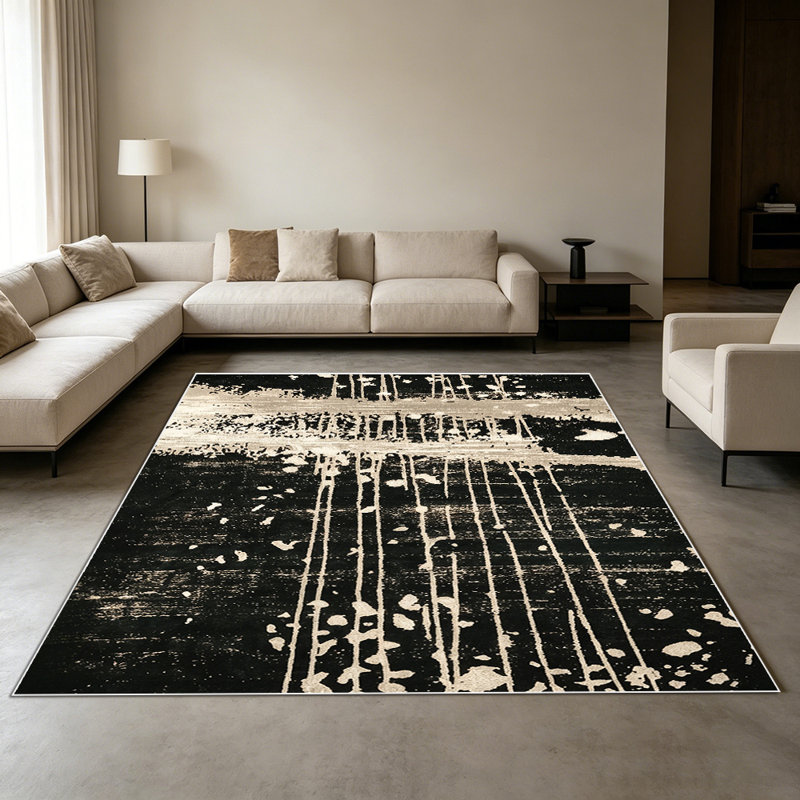 1PC Distressed Black Beige Abstract Stripe area rugs for Living Room, Soft and Comfortable, Suitable for all seasons, easy-to-maintain, machine washable Indoor floor mat, Under Table Farmhouse suitable for dining table