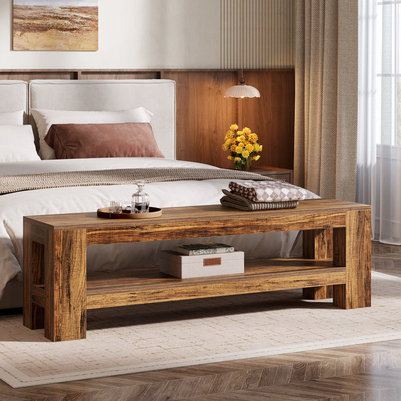 Banc de hall d'entrée en bois 59 "avec tablette de rangement, Brun