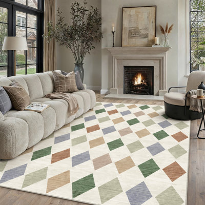Modern Washable Diamond Area Rug for Living Room with Non-Slip Backing