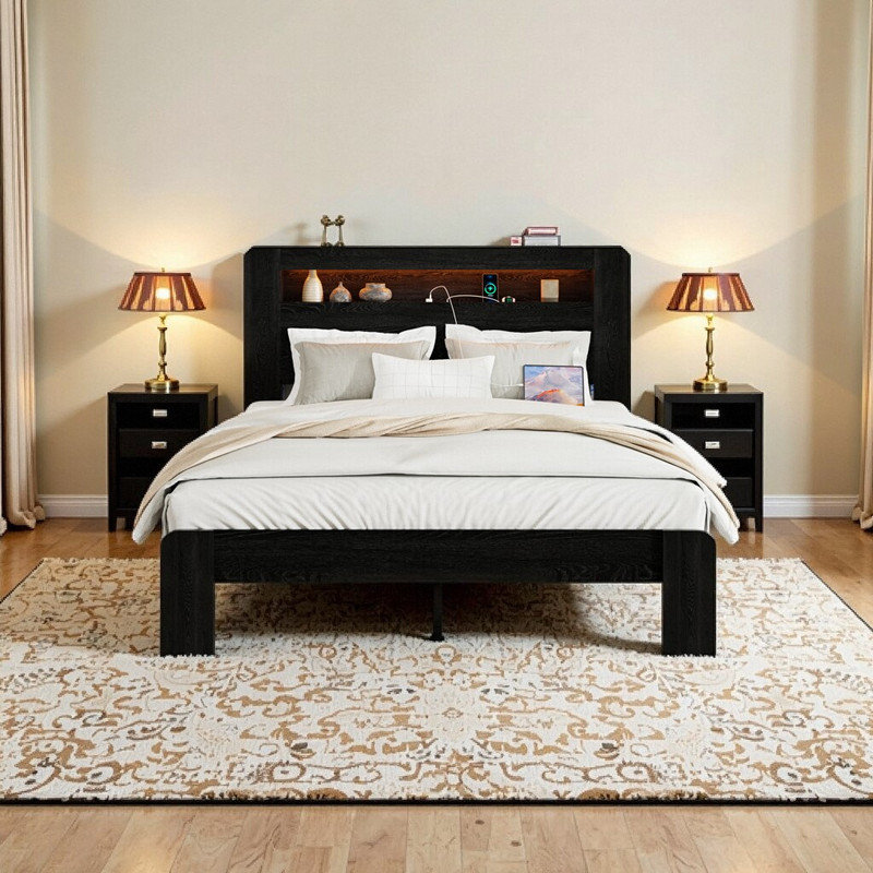 Lit plateforme double avec tête de rangement et station de charge USB, Double