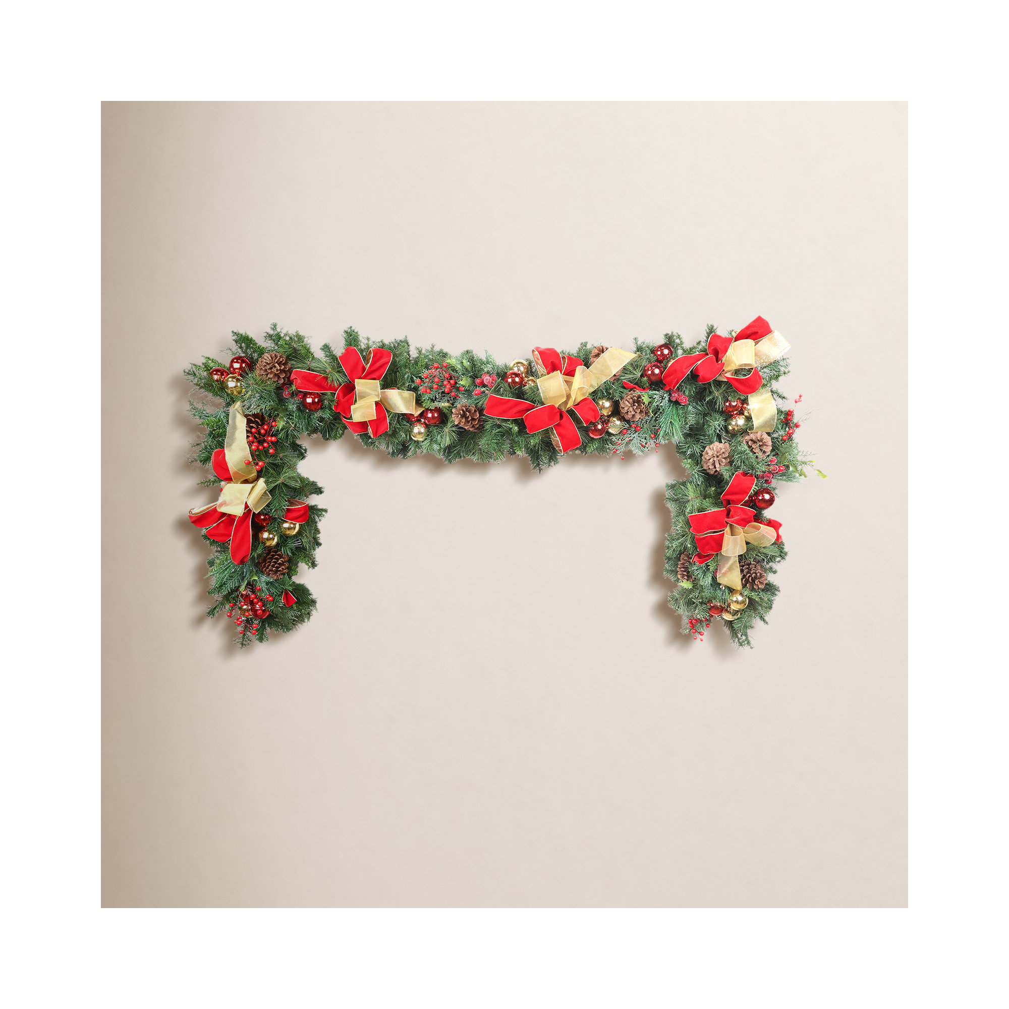 9' Holiday Garland with Ornaments, Pinecones and Bows