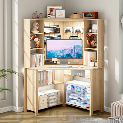 35"× 35" - Pentagonal Corner Computer Desk With Power Outlets, Adjustable Led Lighting, Perforated Back Panel Design