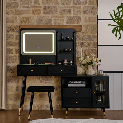 Retractable Makeup Vanity Desk With Mirror And Lights, 2 Drawers, Storage Shelves, Adjustable Cabinet, Power Outlet And A Stool