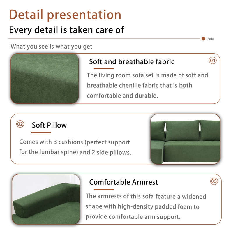 4 - Seater Upholstered Chenille Fabric Sectional, Green Chenille