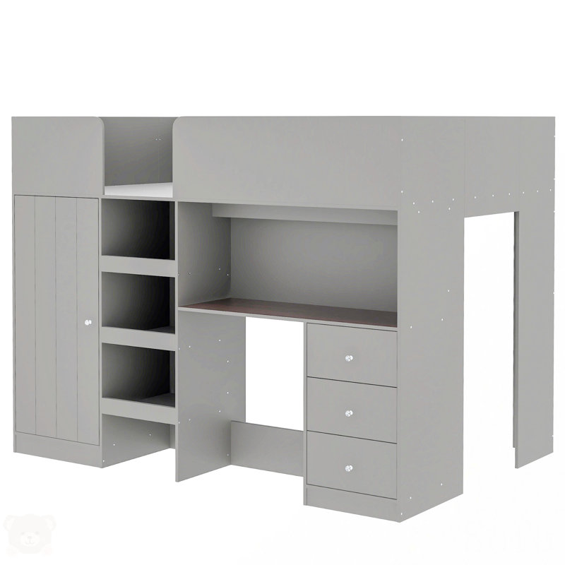 Gray Pine Wood Full Loft Bed with Wardrobe and Desk