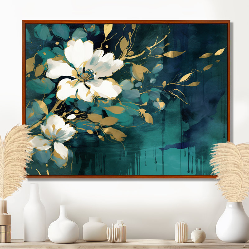 Plantes blanches bleu sarcelle dans le chaos III - art mural floral, H 30 po x l 40 po x P 1,5 po, Cadre flottant brun