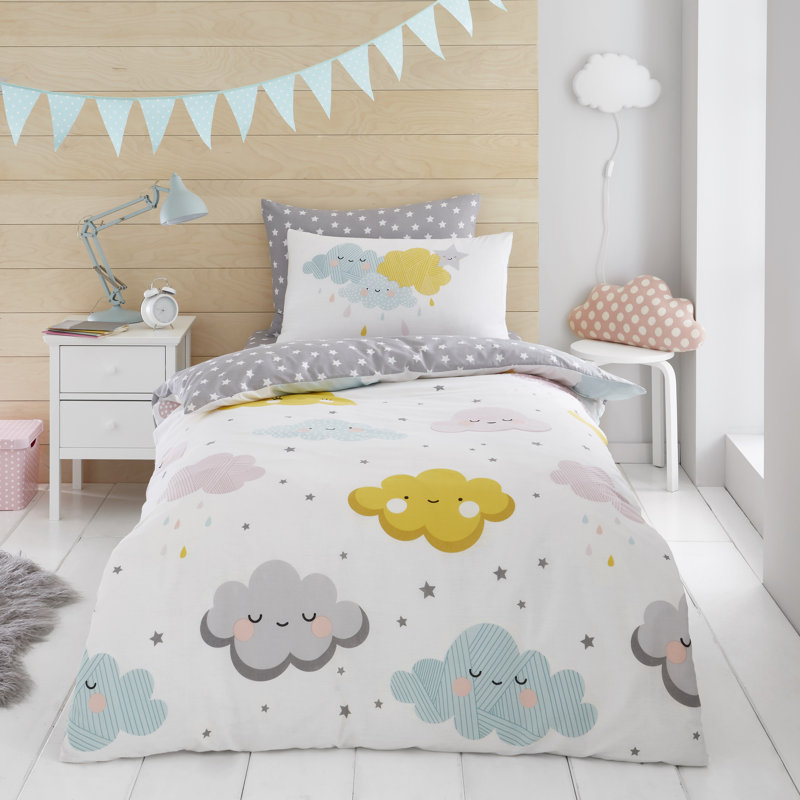 Kids Sky Clouds Duvet Cover Set Polycotton Bedding Set with Pillowcases Soft Comfortable Quilt Cover Button Closure Easy Care Washable