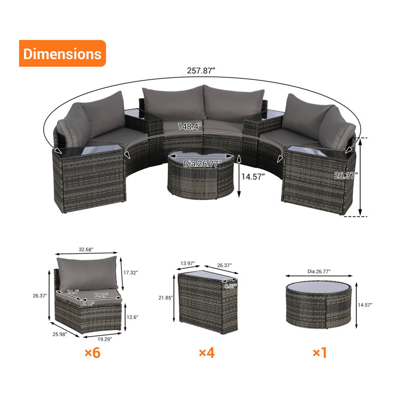 Ensemble de canapé d'extérieur modulaire demi-lune 11 pièces avec table basse ronde en verre trempé, Gris