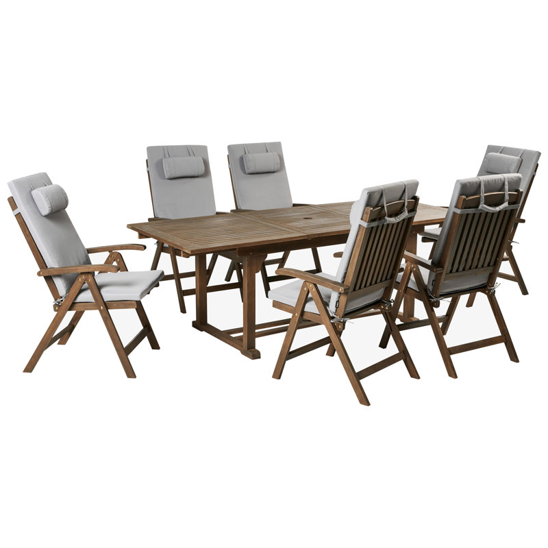 6 - Person Acacia Patio Dining Set with Rectangular Table , Cushions Included, Light Grey