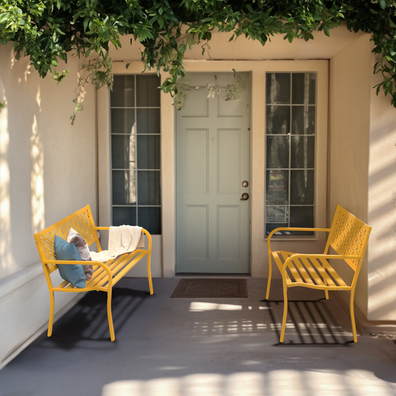 Anacecilia 50" W Metal Slatted Outdoor Bench, Yellow