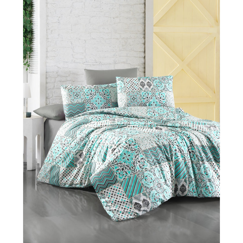 Ensemble de housse de courtepointe 100% coton de qualité supérieure Ranforce, blanc / bleu / noir | Housse de couette 78,7 po x 86,6 po, drap plat 86,6 po x 94,5 po, 2 taies d'oreiller 19,7 po x 27,6 po | 142 fils au pouce carré, lavable à la machine, doux et durable