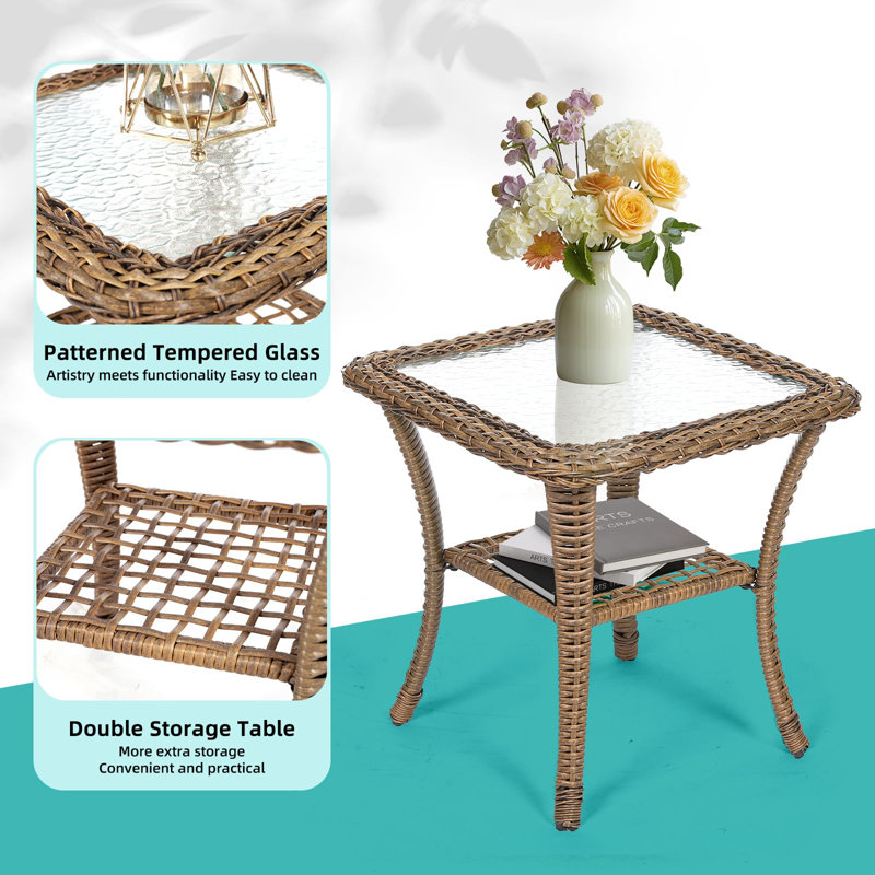 Beige and Brown Wicker Rocking Chair Set with Glass-top Table