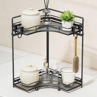2-Tier Corner Counter Organizer With Adjustable Top Tier, Metal Mesh Bathroom Vanity Storage Rack With Hooks And Non-Slip Feet For Kitchen Or Sink Area