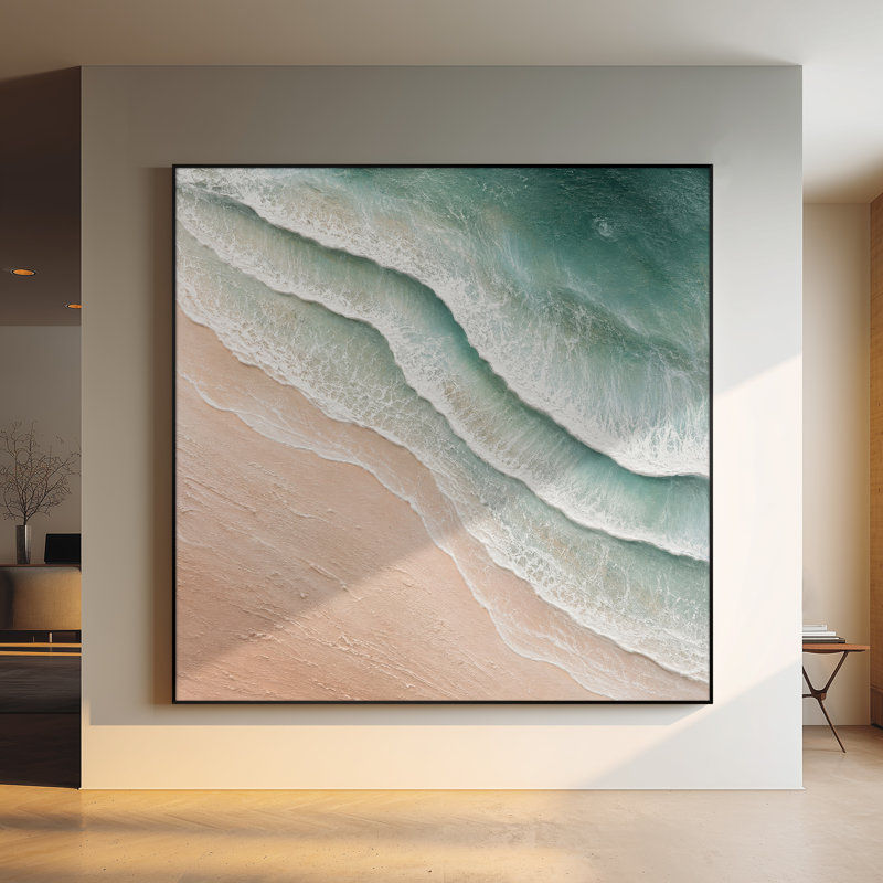 Extra Large Wall Art Fabric Print - Aqua Green Ocean Waves and Soft Beige Sandy Shore Coastal View for Living Room or Bedroom - "Frame Assembly Required (Unfinished Frame)"