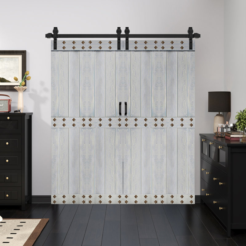 Porte de grange pliante en bois massif de style Mid-Bar 4 panneaux avec quincaillerie - assemblage requis, Gris français