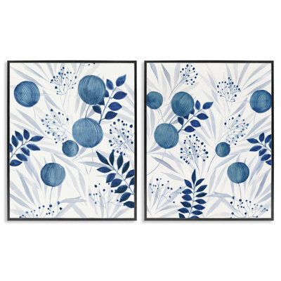 Blue Toned Plant Patterns 2 Piece Framed Giclee Art Set, design by Hannah Dawson