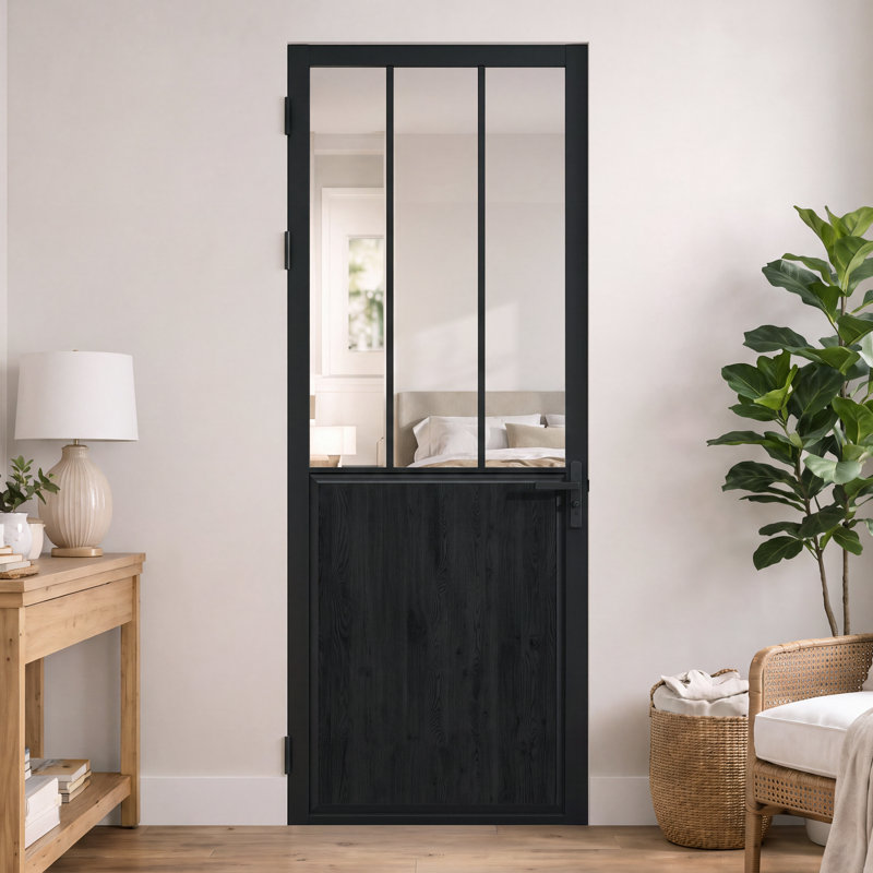 32" × 80" Matte‑Black Aluminum Interior Door, Silk‑Striped Tempered‑Glass Top & Wood‑Grain MDF Bottom Panel, Reversible‑Swing Single Door