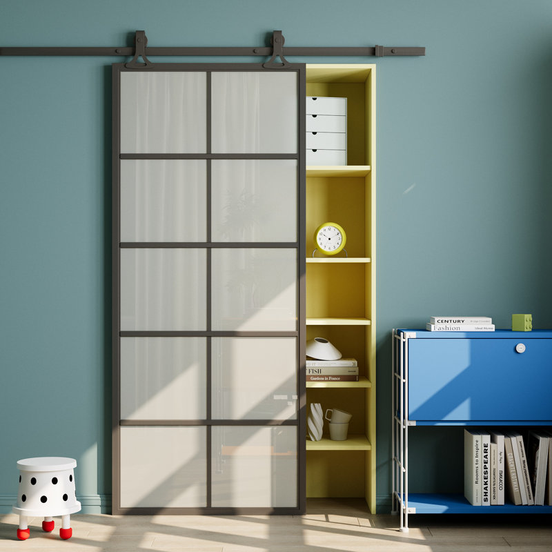 Porte de grange coulissante en verre trempé givré avec cadre en métal 10-Lite avec trousse de quincaillerie d'installation (fermeture douce incluse)