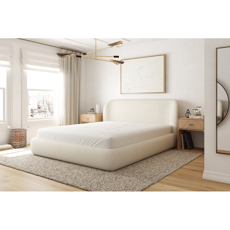 Lit plateforme tapissier avec mécanisme de rangement, tissu performant, Grand, Blanc