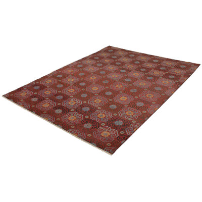 Tapis rouge en laine noué à la main de conception unique 8 pi 9 po x 11 pi 10 po Usahk Donahoe