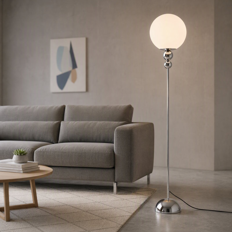 Modern Minimalist Floor Lamp With White Globe Shade And Chrome Metal Sphere Accents, Chrome