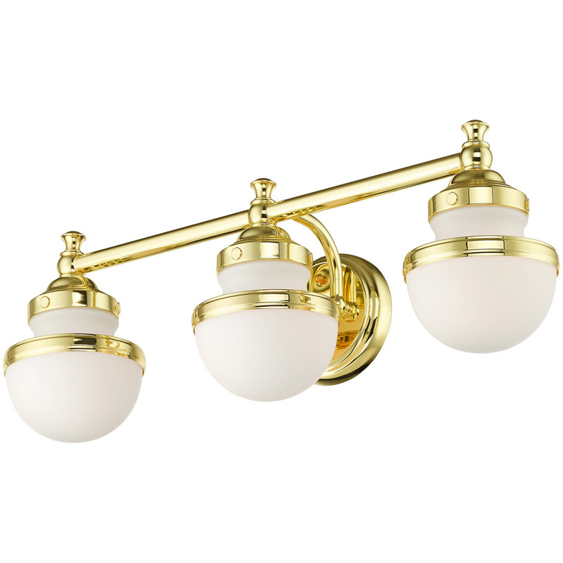 Éclairage pour salle de bain avec abat-jour en verre - luminaire de 24 po à 3 lumières., Blanc, Laiton poli