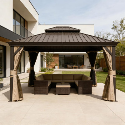 Durable Steel Outdoor Gazebo, 13x15ft Modern Patio Pergola With Curtains