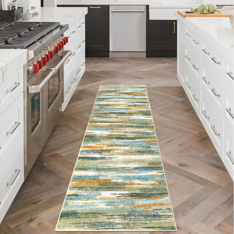 Tapis de couloir de cuisine lavable antidérapant, Vert / bleu sarcelle / moutarde, Tapis de couloir 2 pi x 6 pi