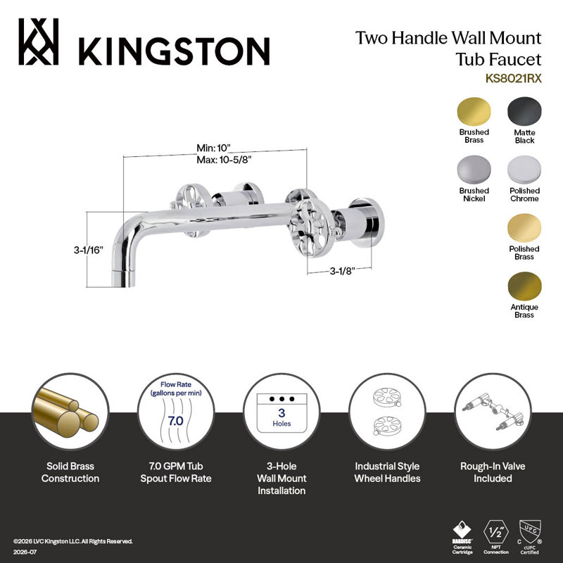 Kingston Brass Belknap Two-Handle 3-Hole Wall Mount Roman Tub Faucet, Polished Brass