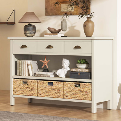 Vintage Wood Accent Chest, Console Table With 3 Water Hyacinth Woven Baskets