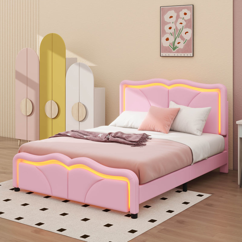 Lit plateforme tapissier Sleek Curved Design, Lit double, Rose