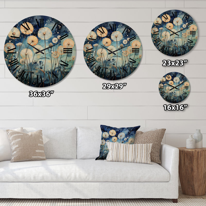 Horloge murale surdimensionnée Blue Dandelion Field Pointillism Dot II - Paysages, Petit