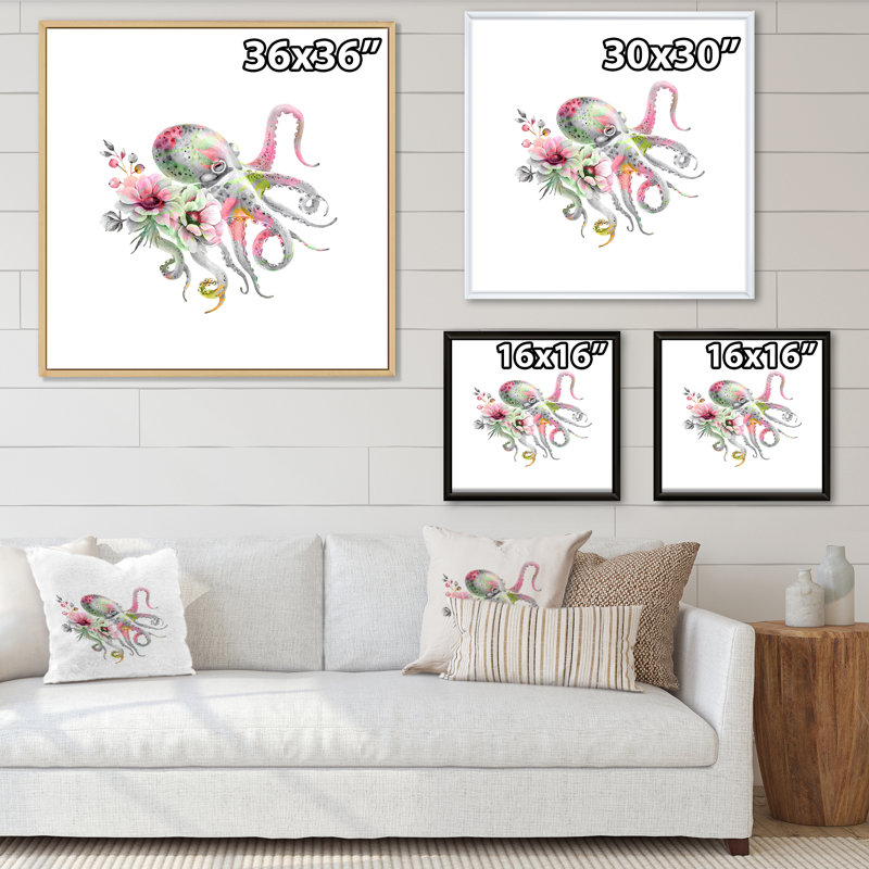 Pieuvre avec un bouquet de fleurs délicates - impression sur toile nautique et côtière, H 36 po x l 36 po x P 1 po