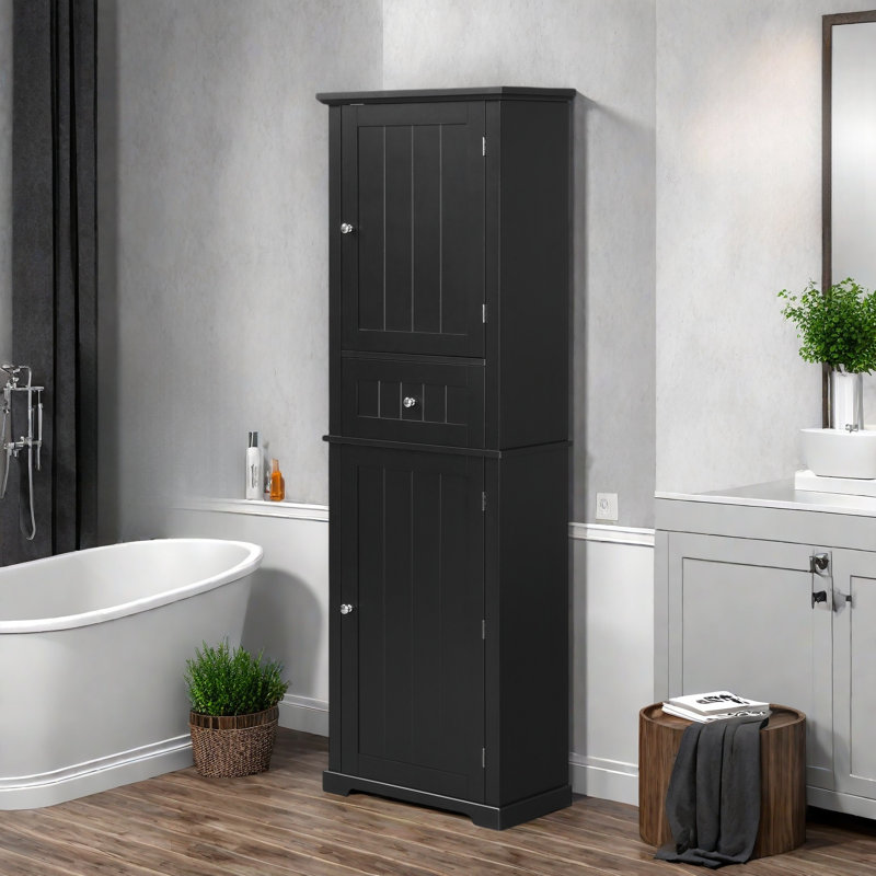 Tall Bathroom Storage Cabinet With A Drawer, Storage Cabinets And Adjustable Shelf, Vertical Striped Design, Black
