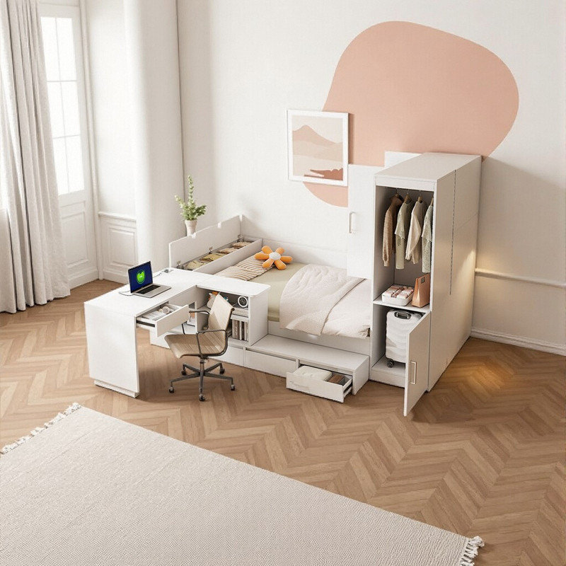 Lit plateforme avec rangement 104,9 "avec bureau et garde-robe - Pleine grandeur, Blanc