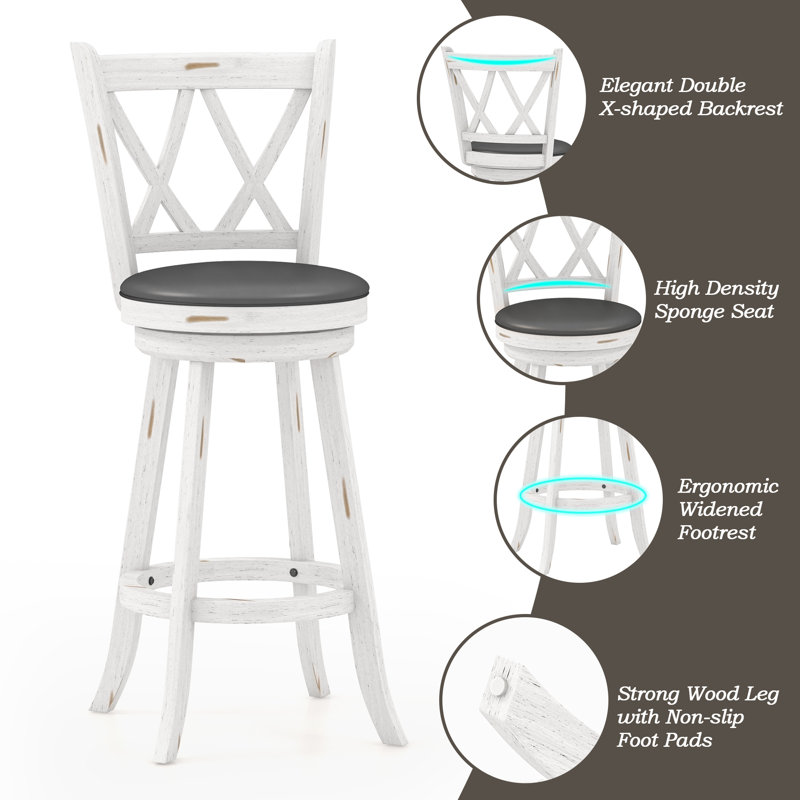 White and Gray Wood Swivel Bar Stools with Upholstered Seat