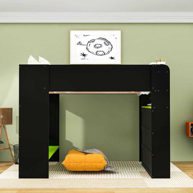Lit mezzanine double avec bureau, lumière RVB, tablettes de rangement et station de charge, Vert