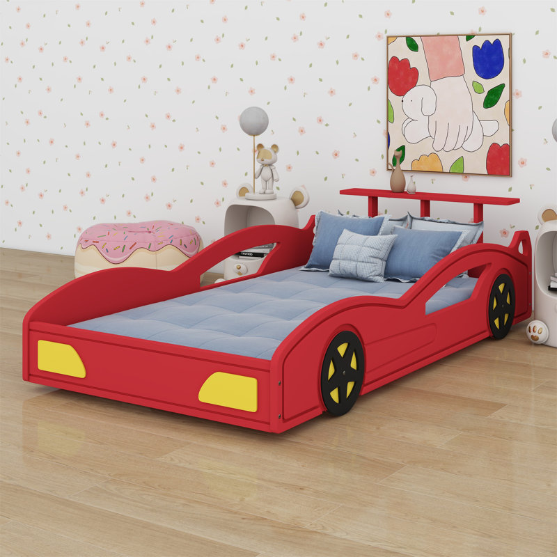 Lit plateforme en forme de voiture, Rouge / Jaune