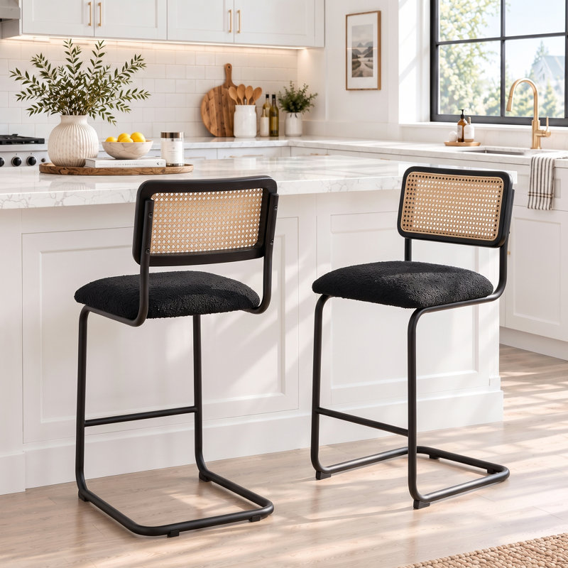 Marlow 25.4'' Upholstered Bouclé Counter Stool with Cane Rattan Back, Black/Black, 2, Counter Stool (25.4" Seat Height)