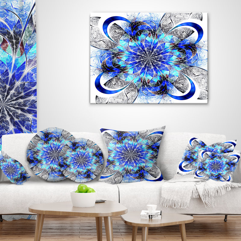 Fleur symétrique bleue fractale - coussin imprimé abstrait, 16 po x 1 po, Coussin décoratif