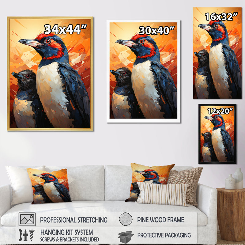 «Curious Penguins Snowy Wonders I», reproduction sur toile, Cadre photo doré simple, H 44 po x l 34 po x P 1,5 po